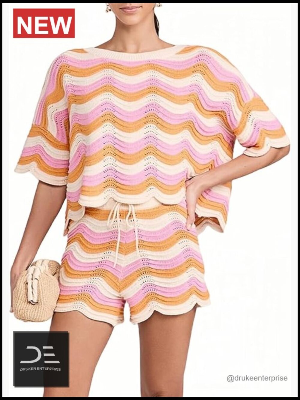 2 Piece Crochet Cover Up Set Short Sleeve Tied Shorts Beach Outfit